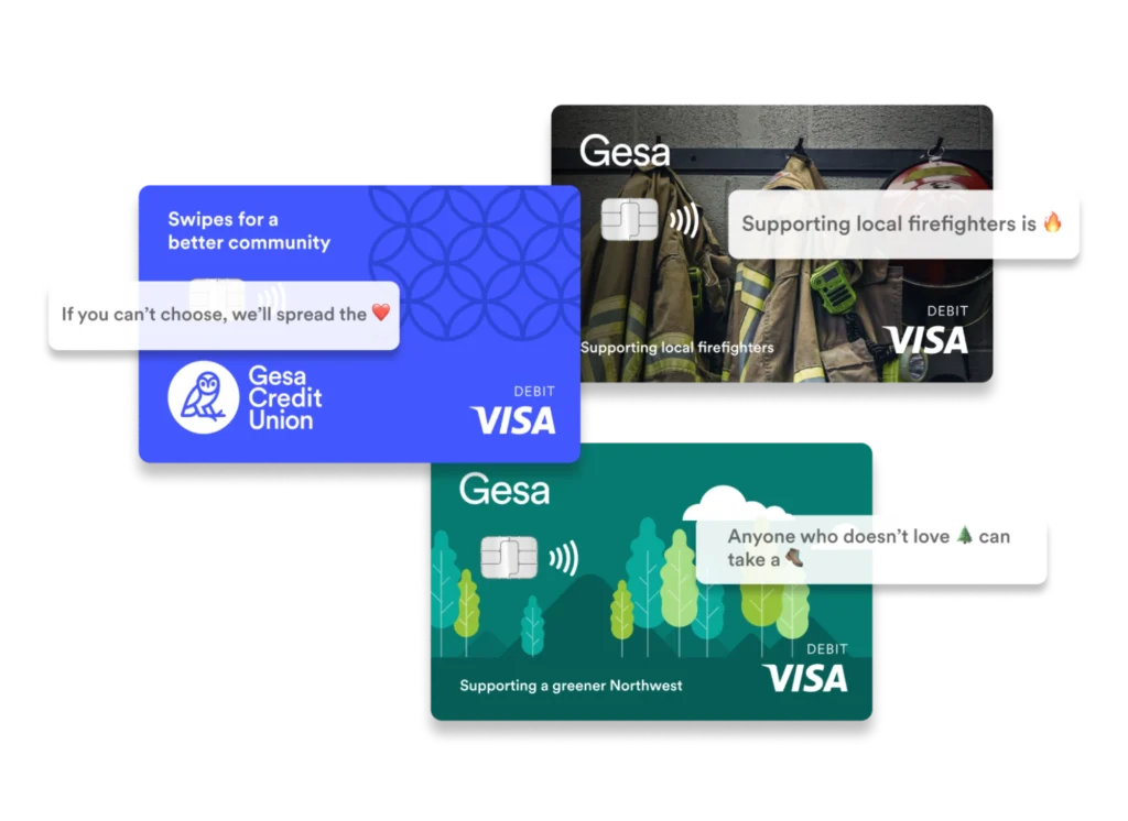 Image displaying three Gesa Credit Union debit cards with different designs and messages: one with a blue background saying 'If you can't choose, we'll spread the ❤️,' another showing firefighter gear with the text 'Supporting local firefighters is 🔥,' and a green card featuring trees with the message 'Anyone who doesn’t love 🌲 can take a 🥾.' Each card highlights community-focused themes.